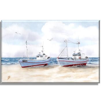 Leinwand 40 x 30 cm Keilrahmen Canvas-Leinen Zwei Fischerboote an Land  Aquarell Maritim Kunst Druck Kunstdruck Dänemark Nordsee Düne Meer Möwe Strand